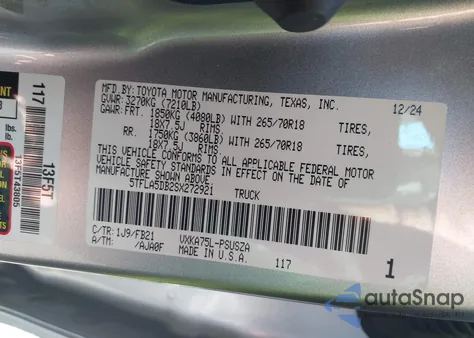 2025 Toyota Tundra Sr5 from USA, damaged, VIN 5TFLA5DB2SX272921